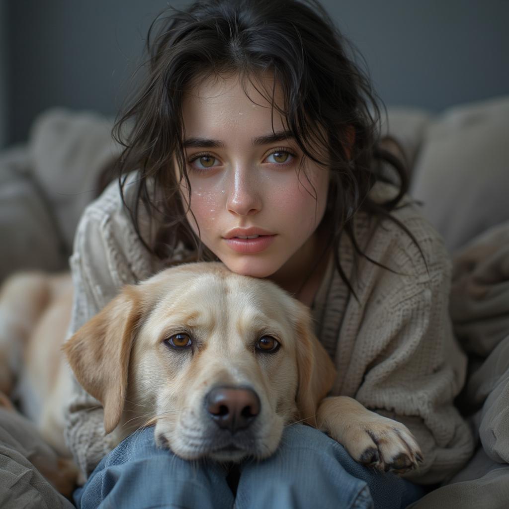 A person cuddling with their dog, finding comfort and healing in the dog's unconditional love.