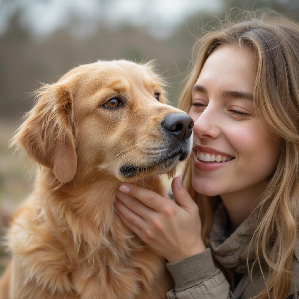 Dog showing affection by licking owner's face.