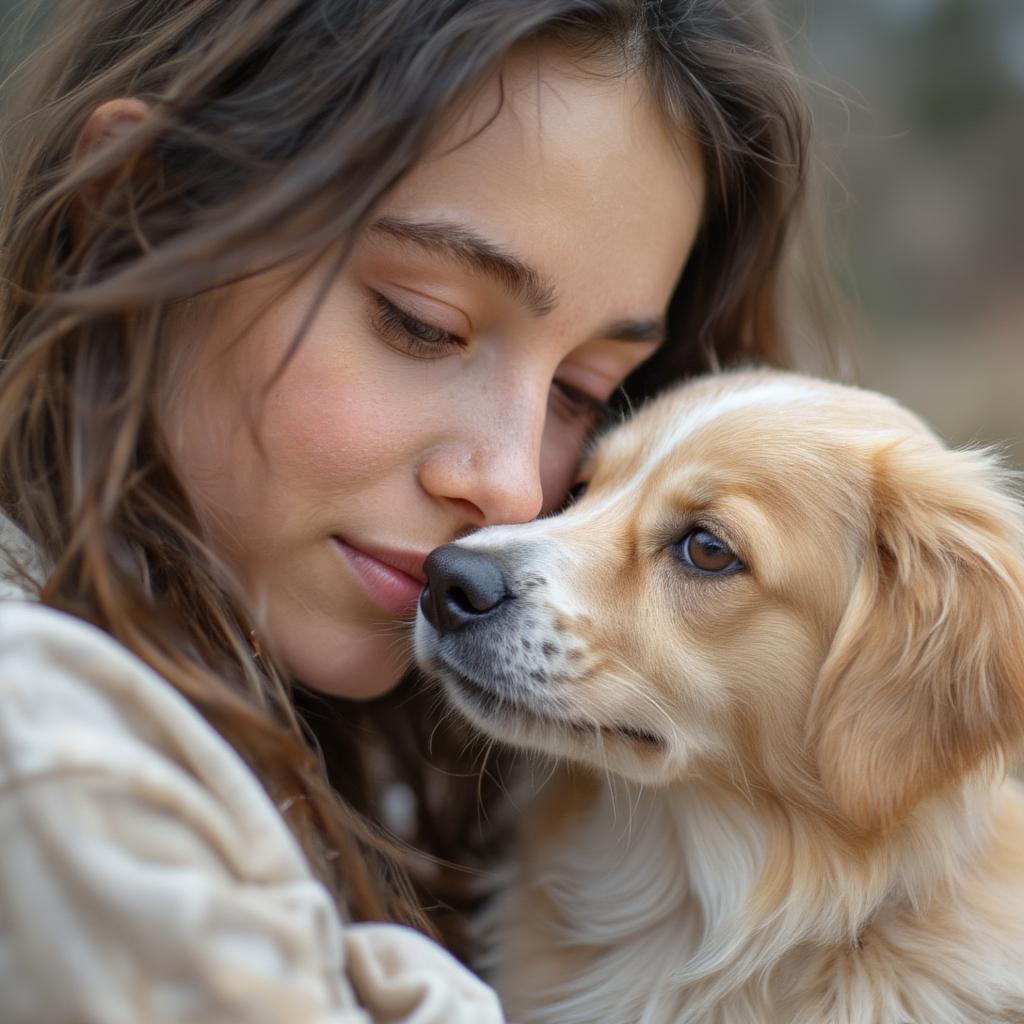 A dog cuddling with its owner, licking their face.