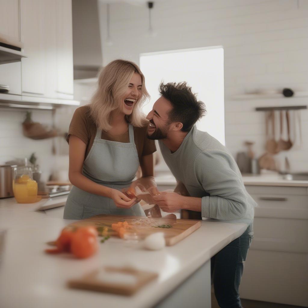 Couple laughing together, demonstrating joy and connection in a relationship. 