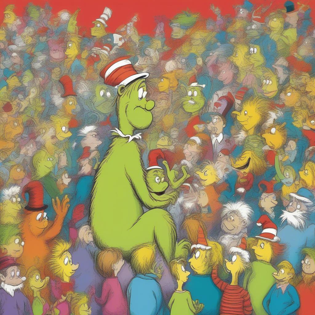 Illustration of Two Seuss Characters Finding Each Other in a Crowd.