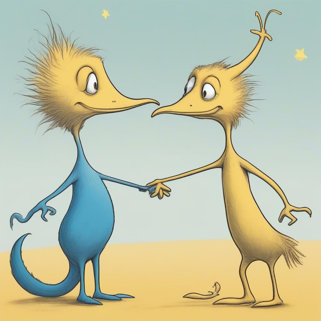 Two Seuss Creatures with Different Appearances Showing Affection.