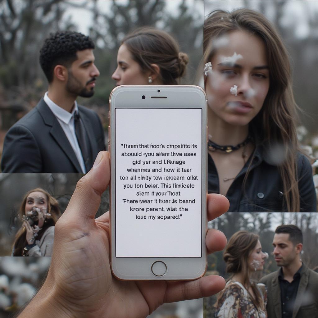 Drake Love Quotes Resonance: A photo of a phone displaying Drake lyrics about love, overlaid with images of couples embracing and heartbroken individuals. 