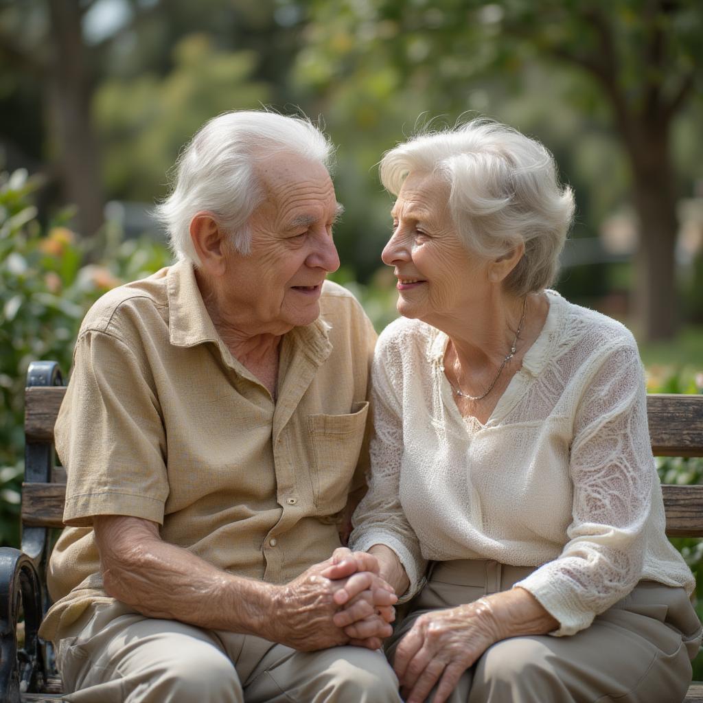 Elderly couple holding hands, reminiscing about their love story from 1946