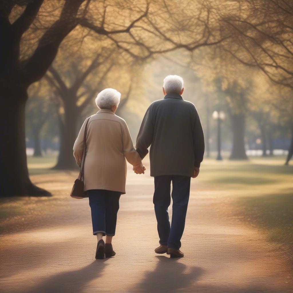 Elderly couple holding hands, walking in a park.