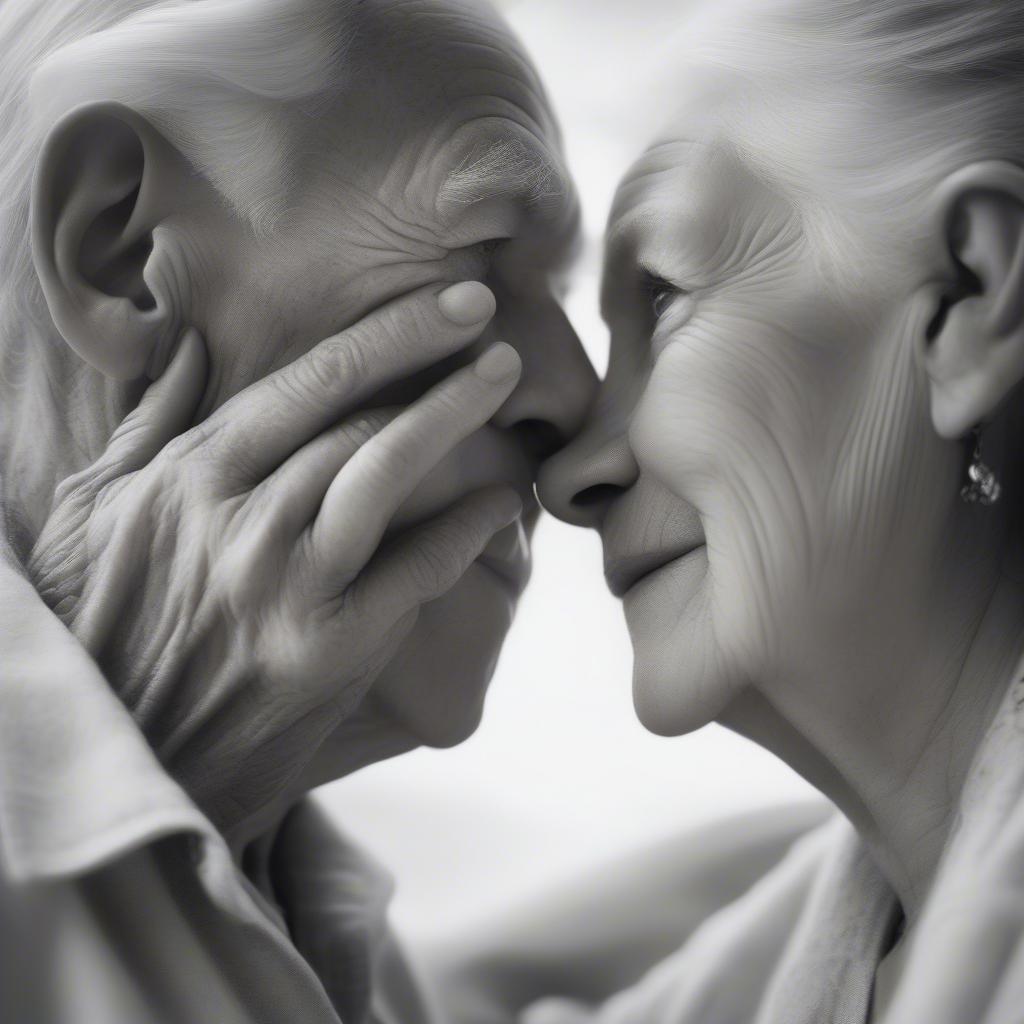 An elderly couple holding hands, their faces wrinkled with age but radiating love and contentment.