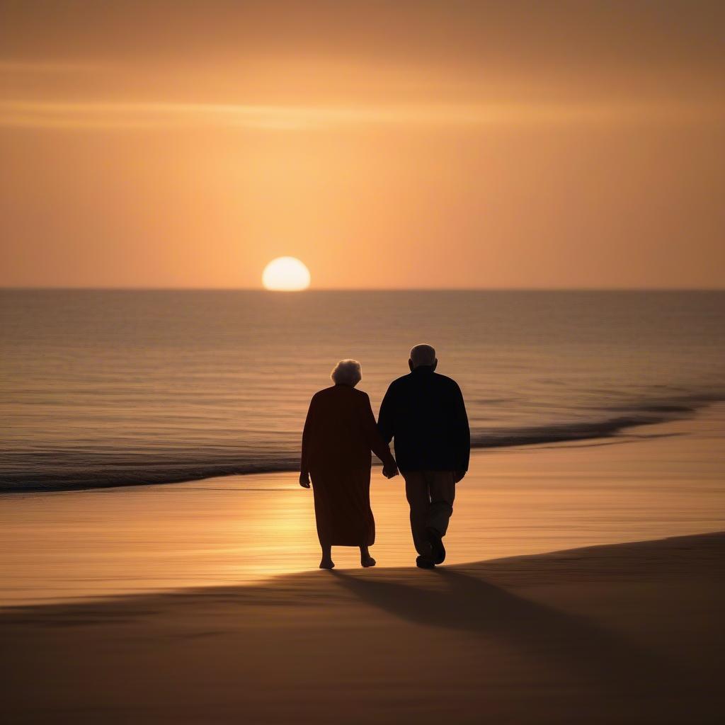 Elderly couple holding hands on the beach