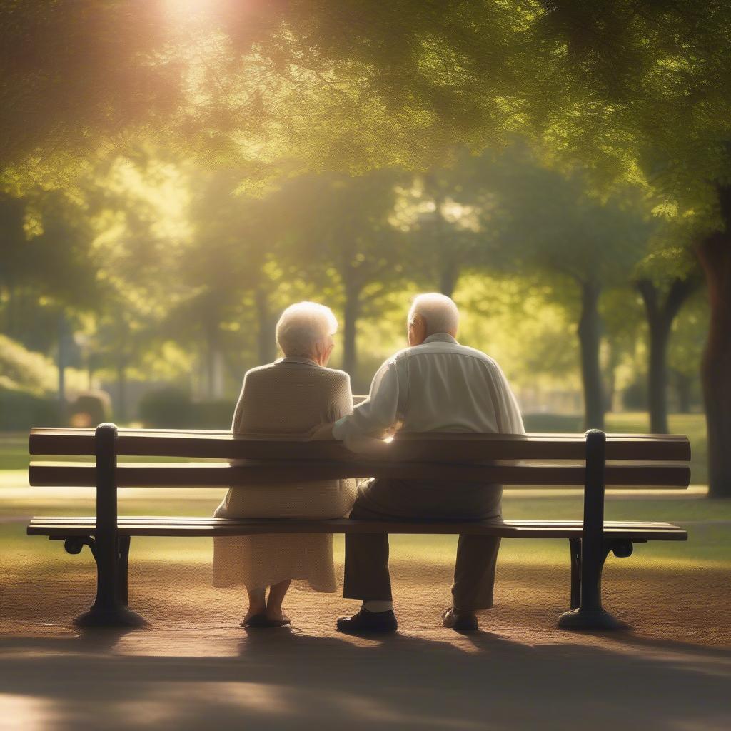 Elderly couple holding hands in a park.