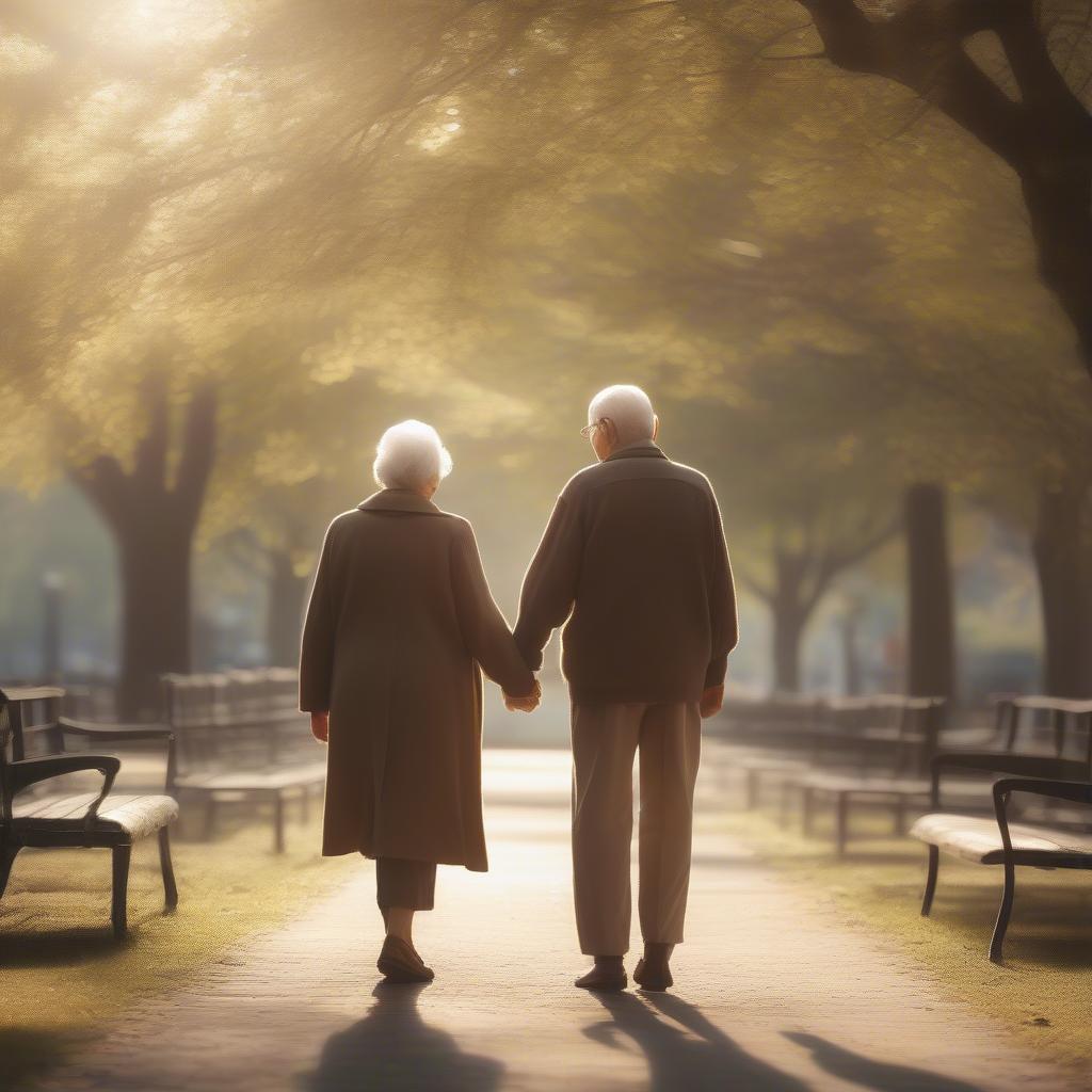 Elderly couple holding hands in a park, representing enduring love.