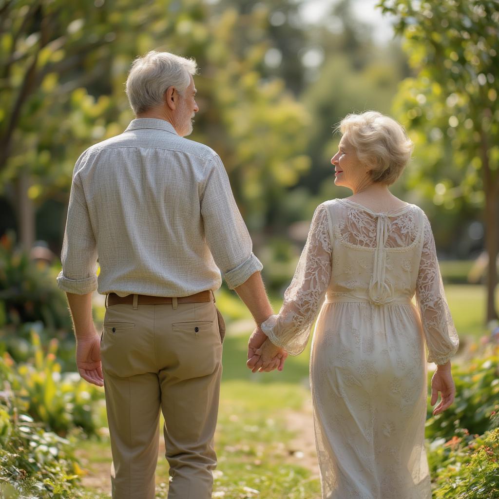 Elderly couple holding hands in a park, demonstrating lasting love.