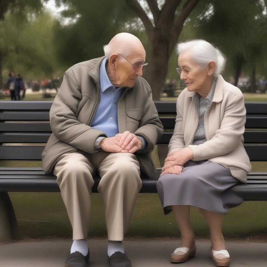 Elderly Couple Holding Hands on a Park Bench