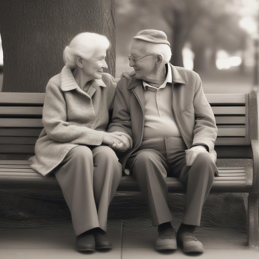 Elderly couple holding hands on a park bench