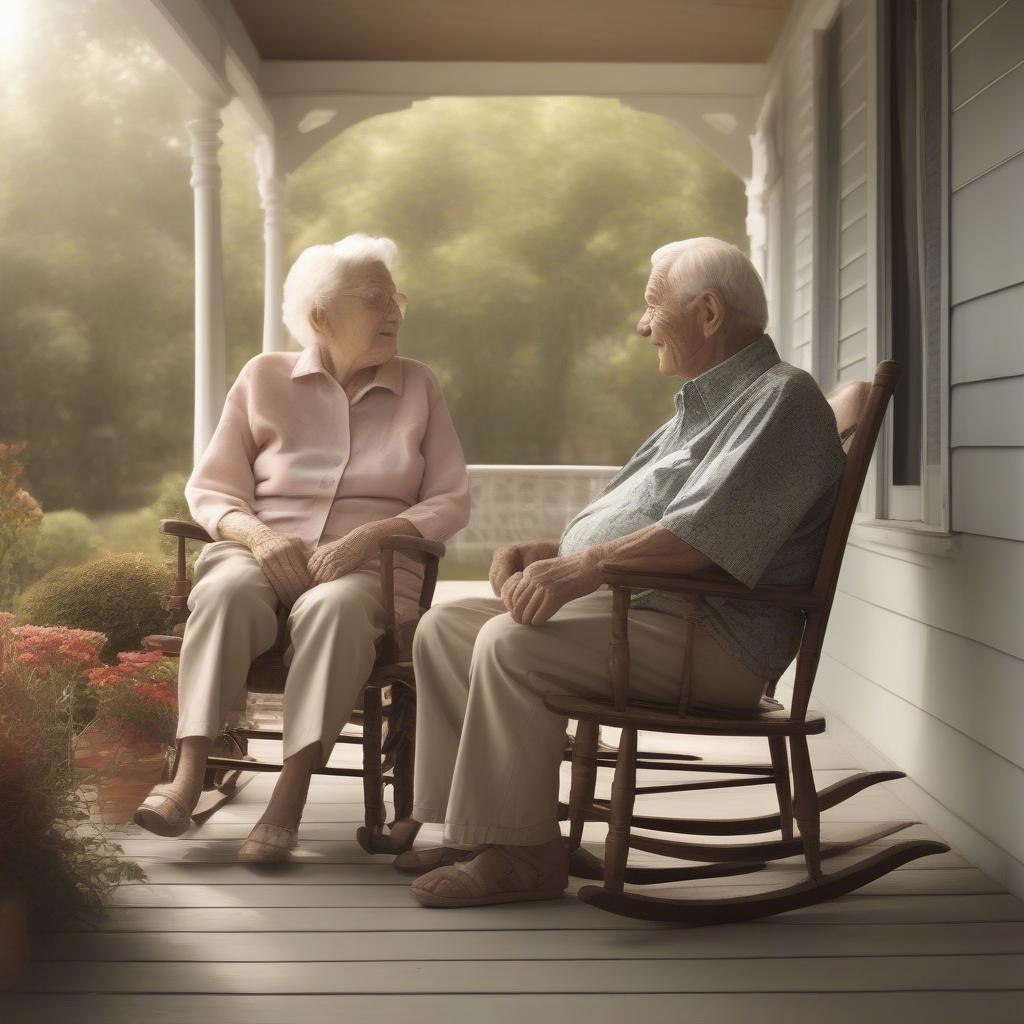 Elderly couple holding hands in rocking chairs