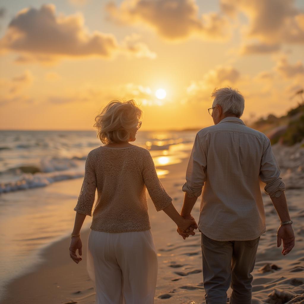 Elderly couple holding hands on the beach, symbolizing enduring love.