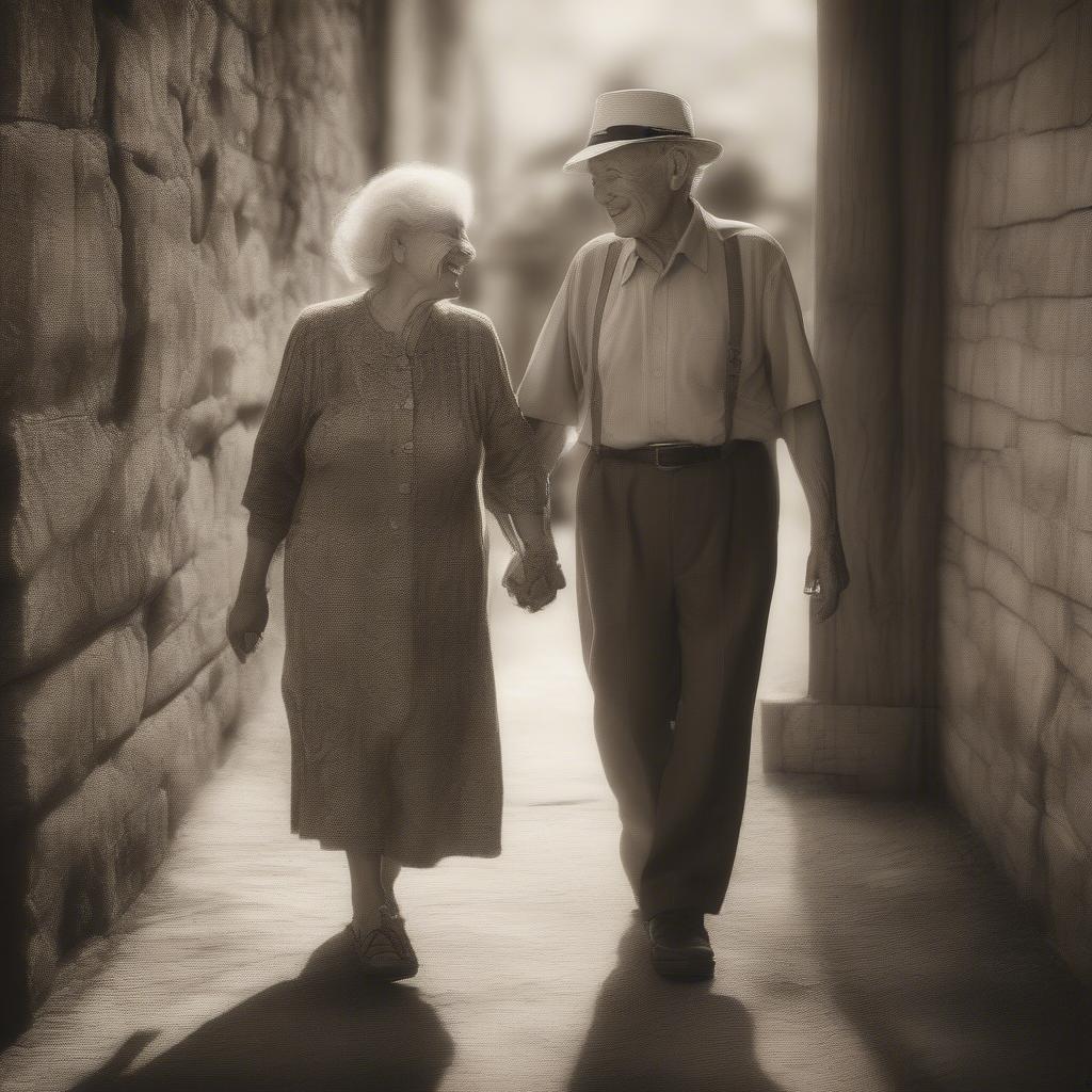 Elderly couple walking hand in hand, symbolizing a lifetime of love