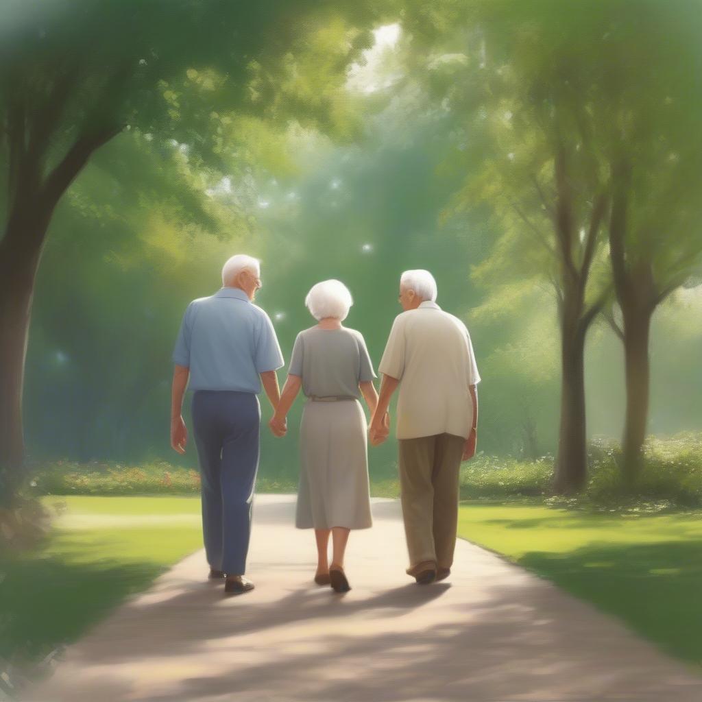 Elderly couple holding hands and walking in a park, depicting a love that has endured.