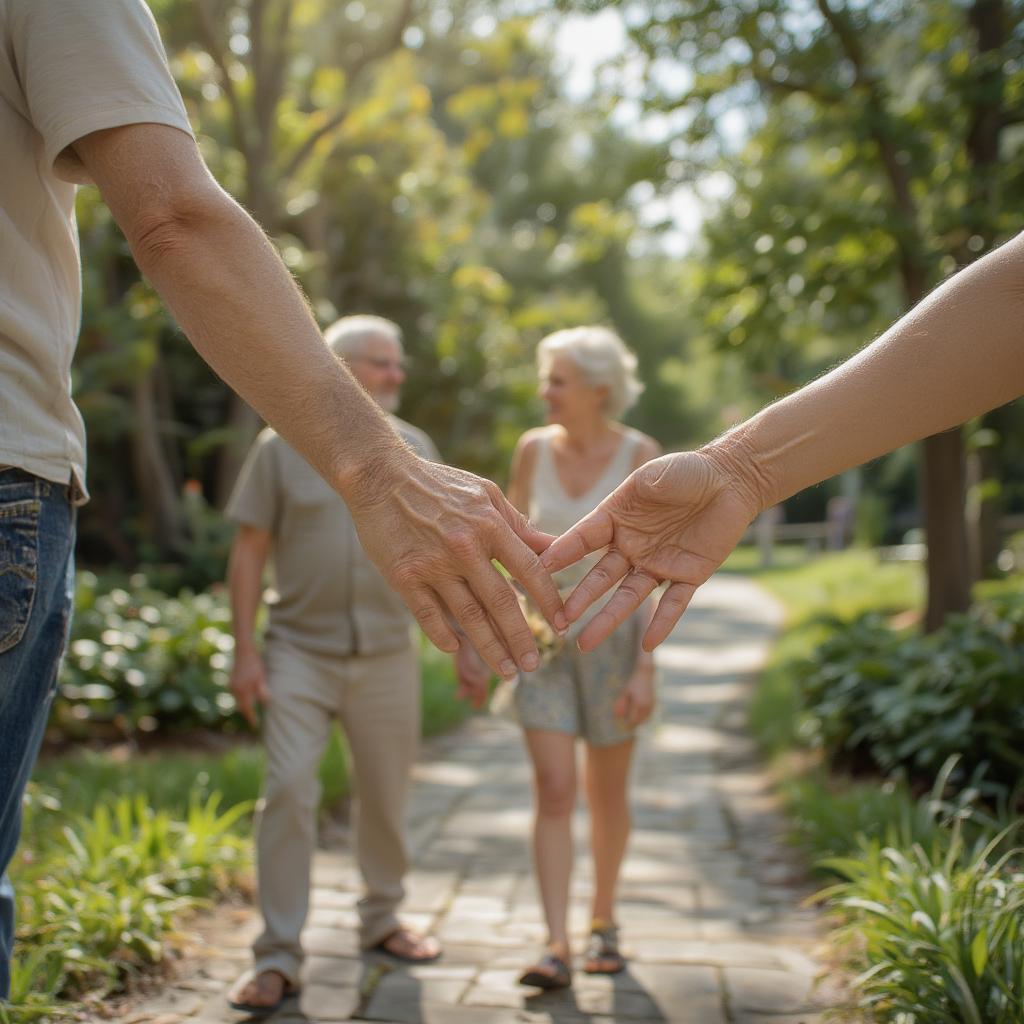 Elderly couple holding hands while walking in a park, depicting lifelong love and companionship.