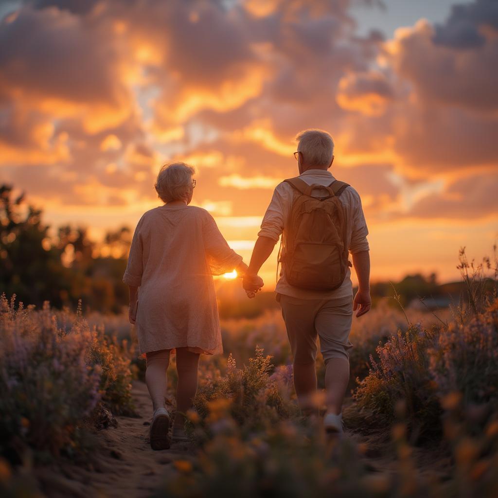 Silhouette of an elderly couple walking at sunset, symbolizing enduring love