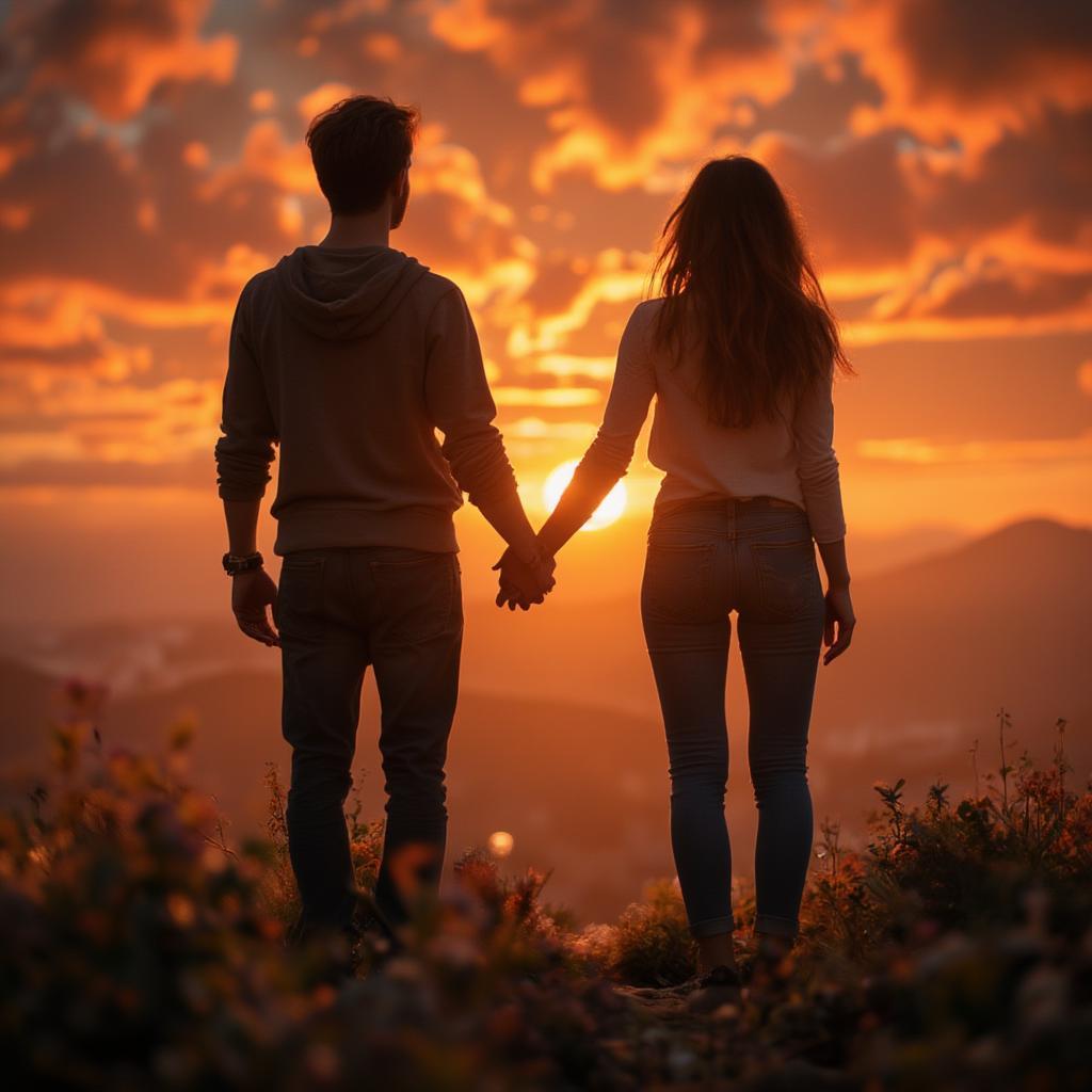 Embracing Love: Two people holding hands, silhouetted against a sunset.