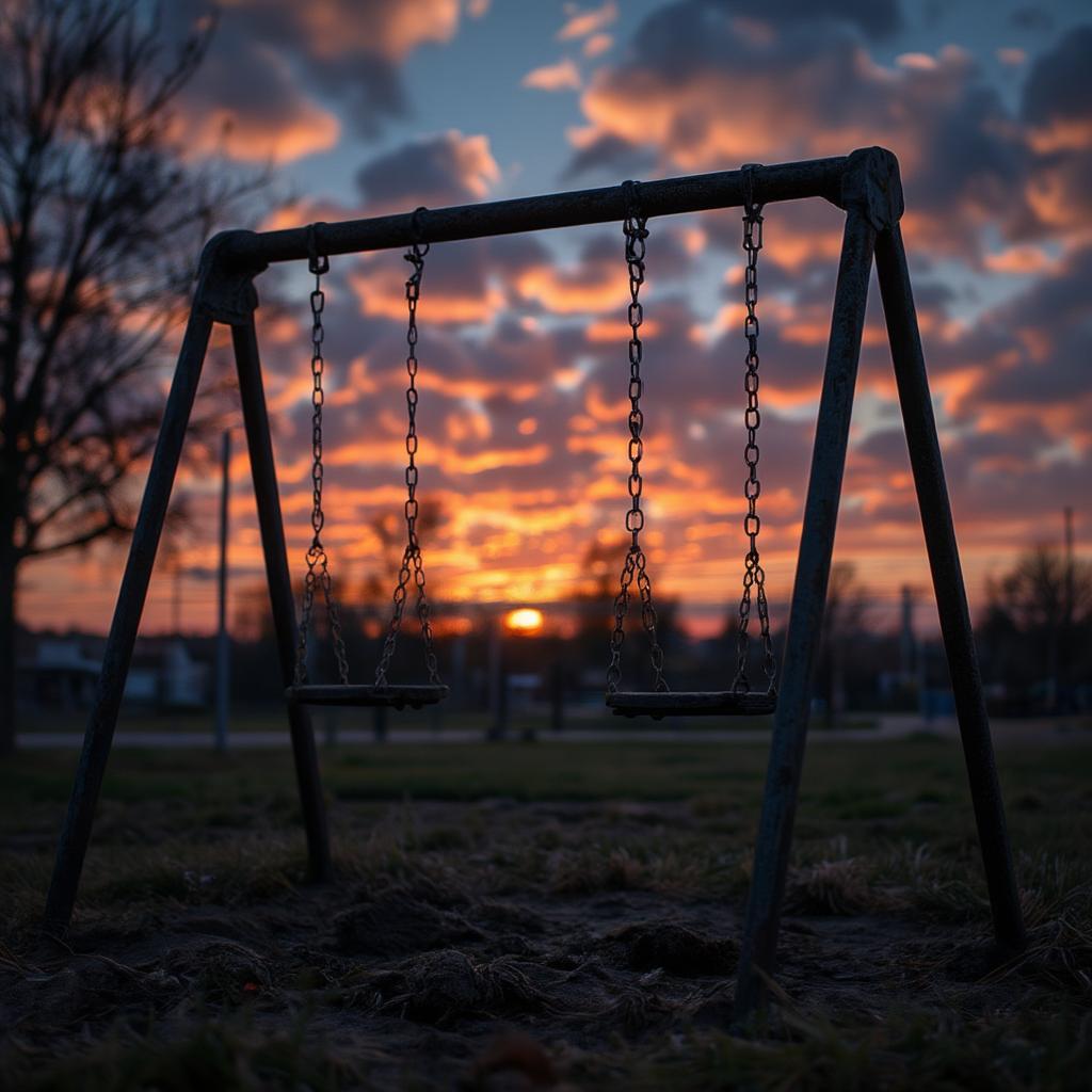 An empty swing set at sunset, symbolizing loneliness and longing