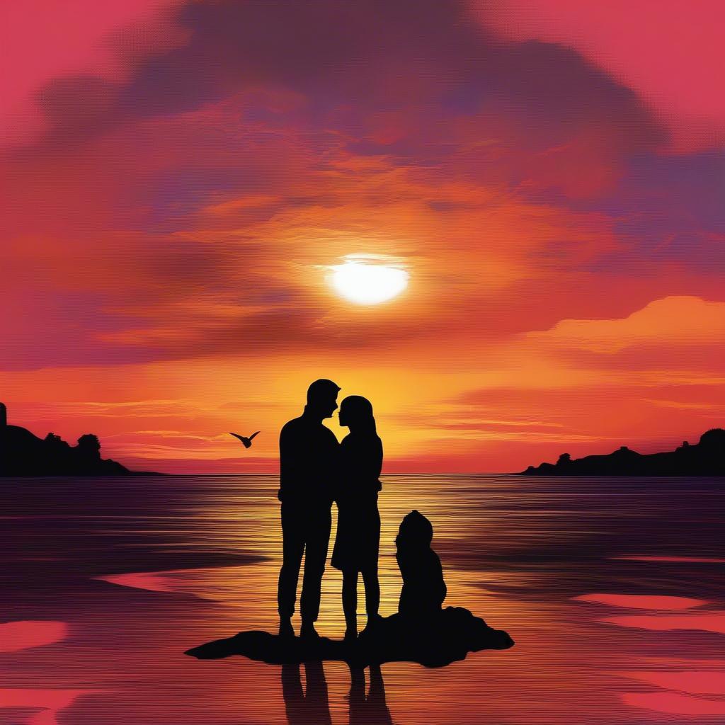 Couple embracing with a sunset backdrop