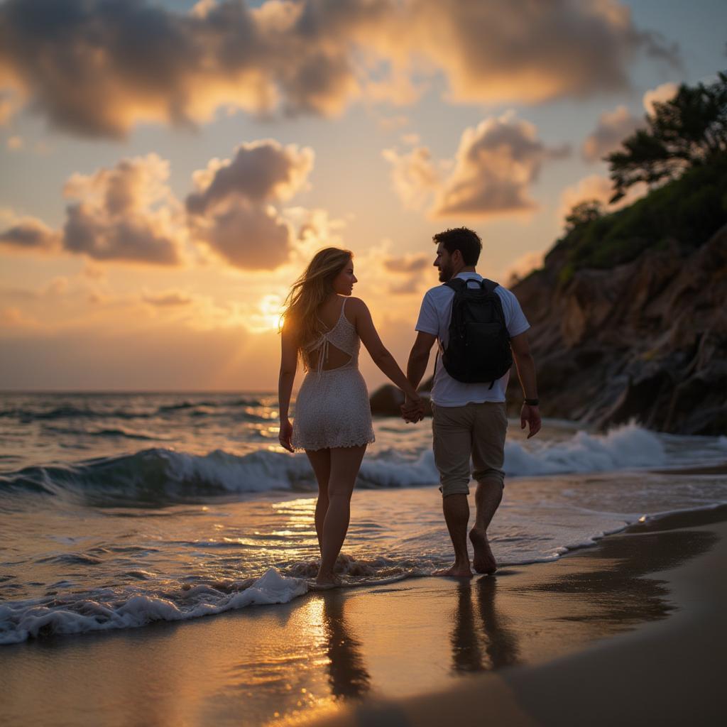 A couple enjoying a romantic stroll along a beach in Vietnam, holding hands and enjoying each other's company.