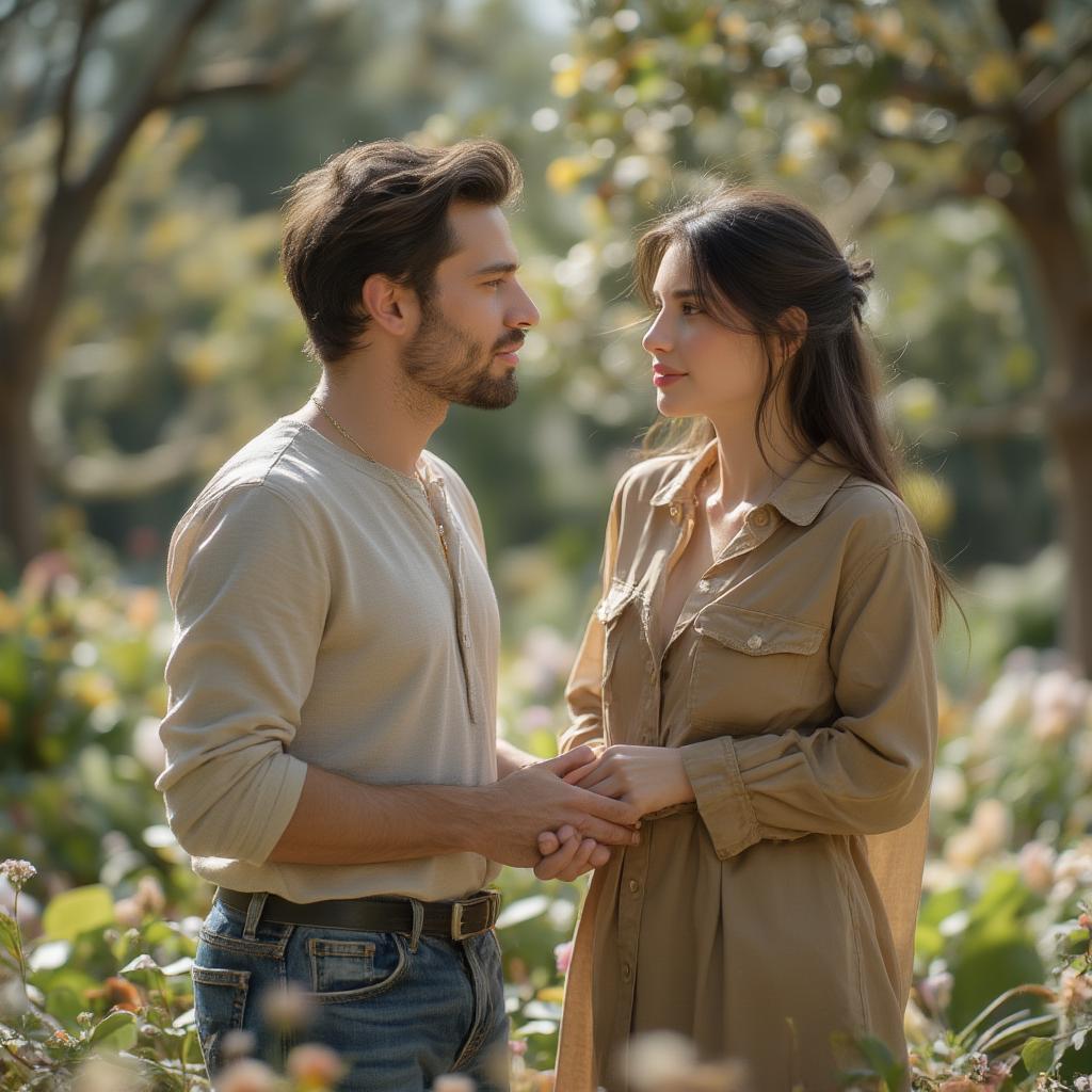 A couple holding hands and gazing into each other's eyes.