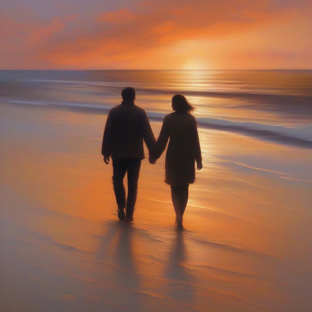 Couple Walking on Beach at Sunset, Embracing Love and Faith