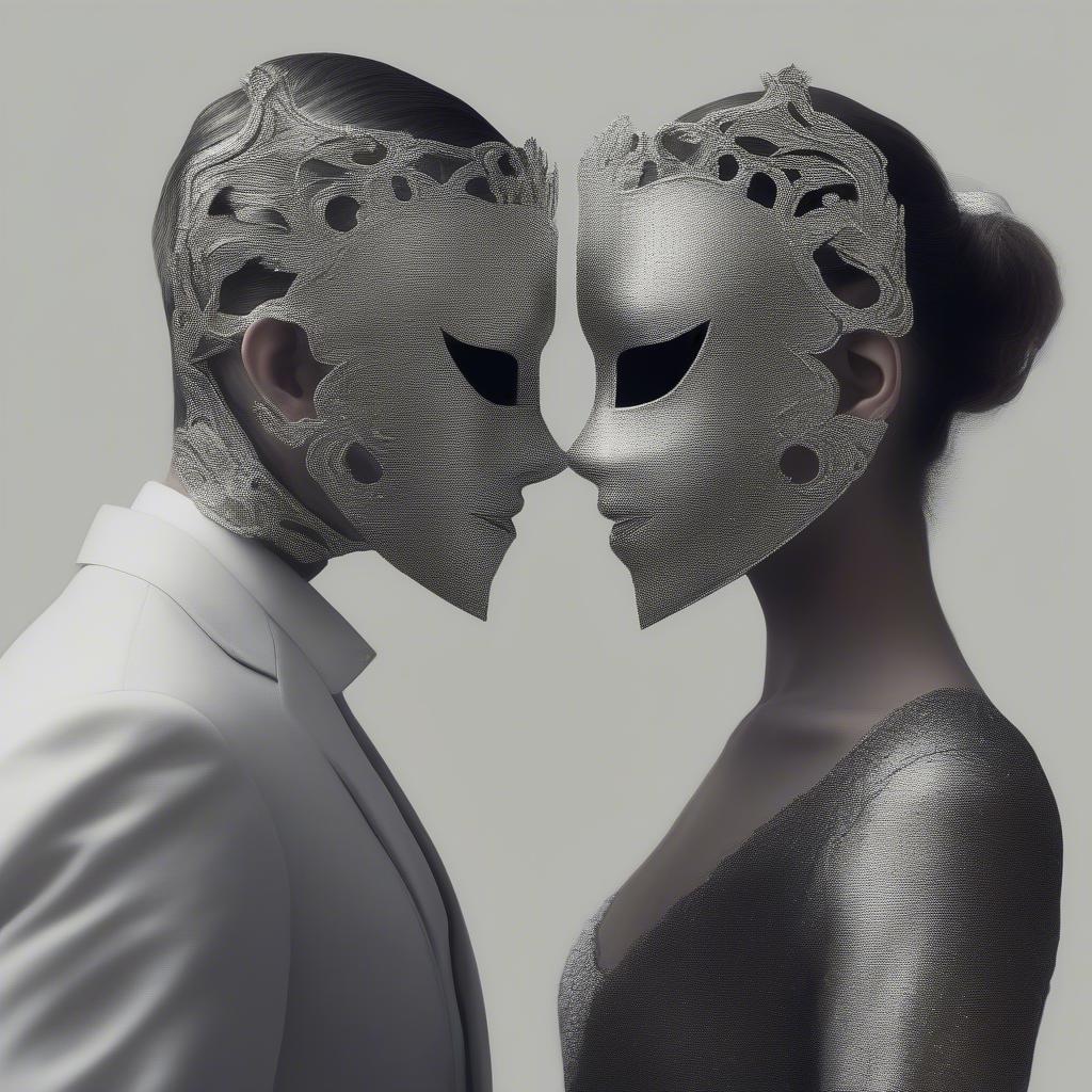 Couple wearing masks, symbolizing hidden emotions and inauthenticity in a relationship.