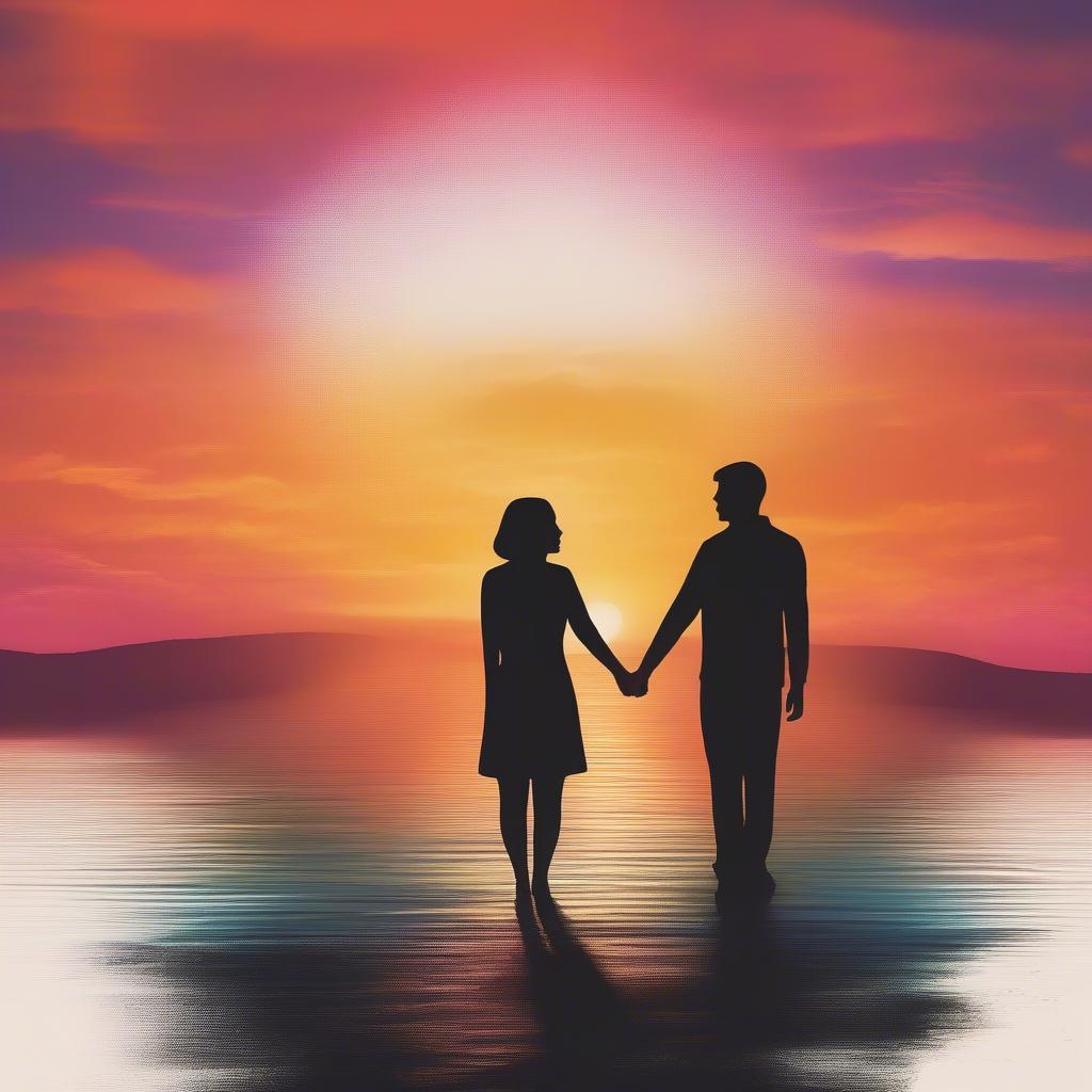 Falling in love with hope: A couple holding hands, gazing at a sunrise.