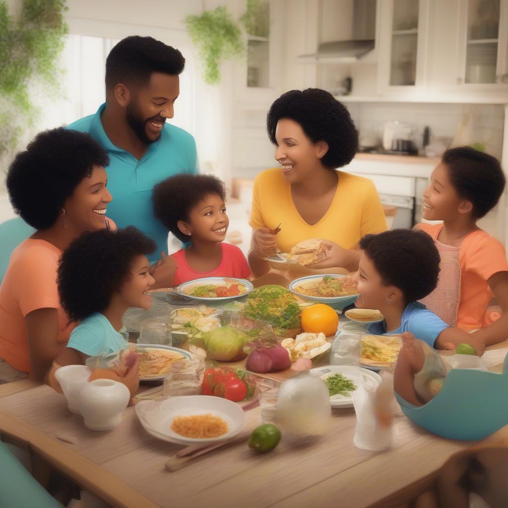 Family enjoying a meal together, filled with laughter and conversation.