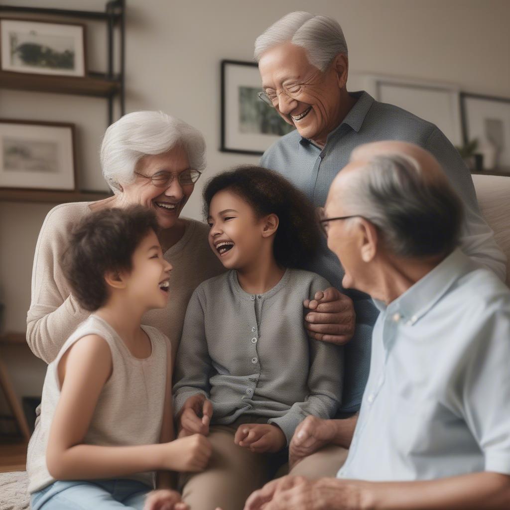 Family Quotes Across Generations: A multi-generational family sharing stories and laughter, illustrating the passing down of wisdom and love through quotes.