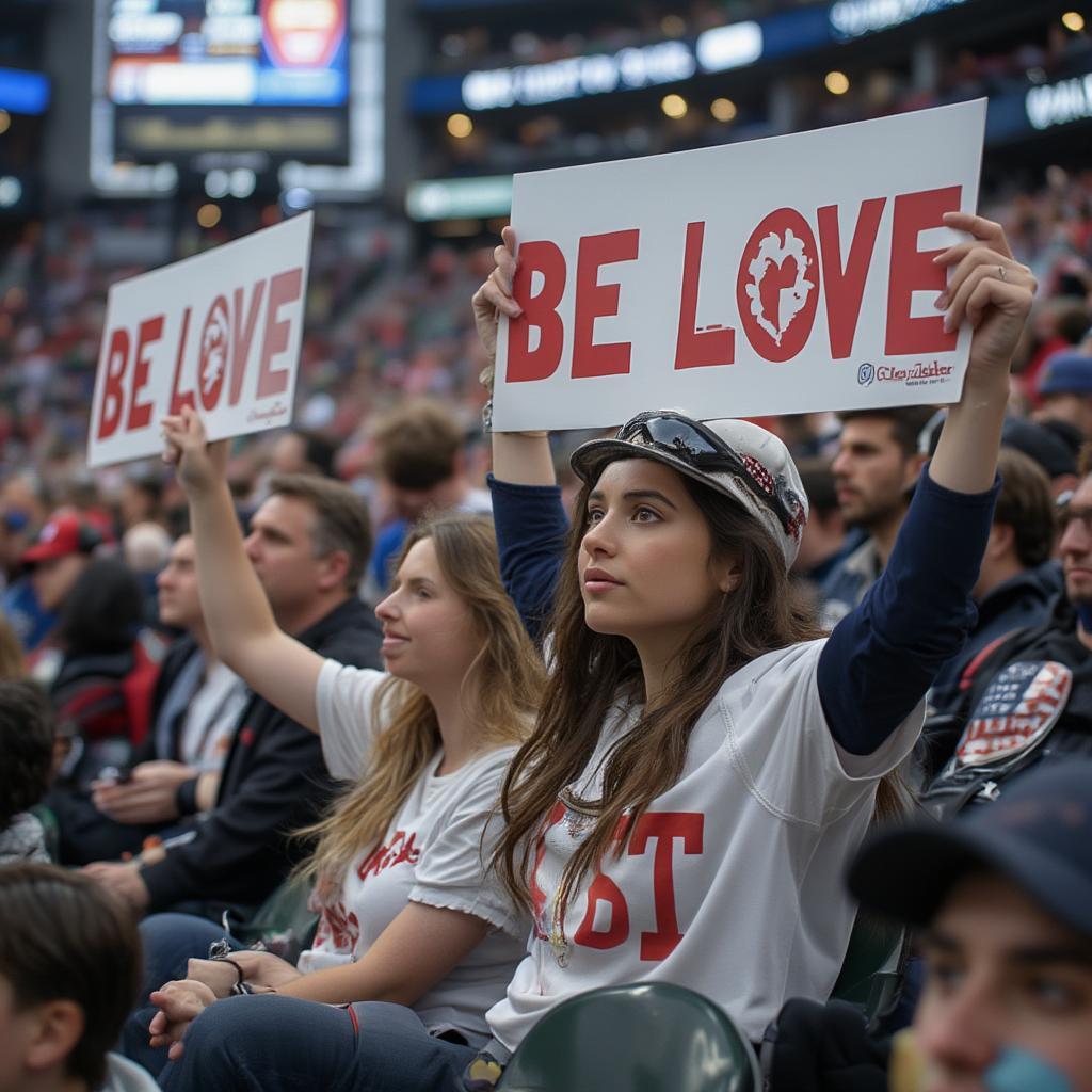 Fans supporting the Be Love campaign at an NFL game