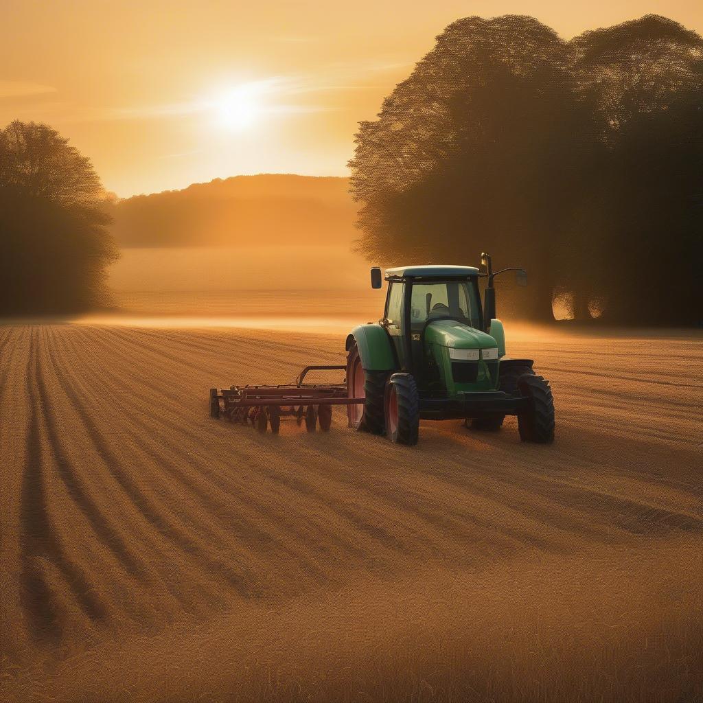 A farmer driving a tractor at sunset symbolizing hard work and the beauty of rural life