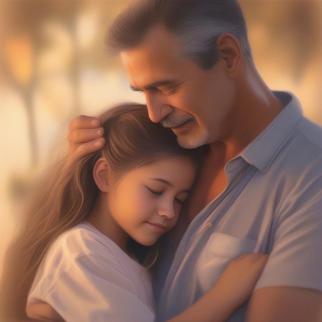 A father and daughter embrace warmly