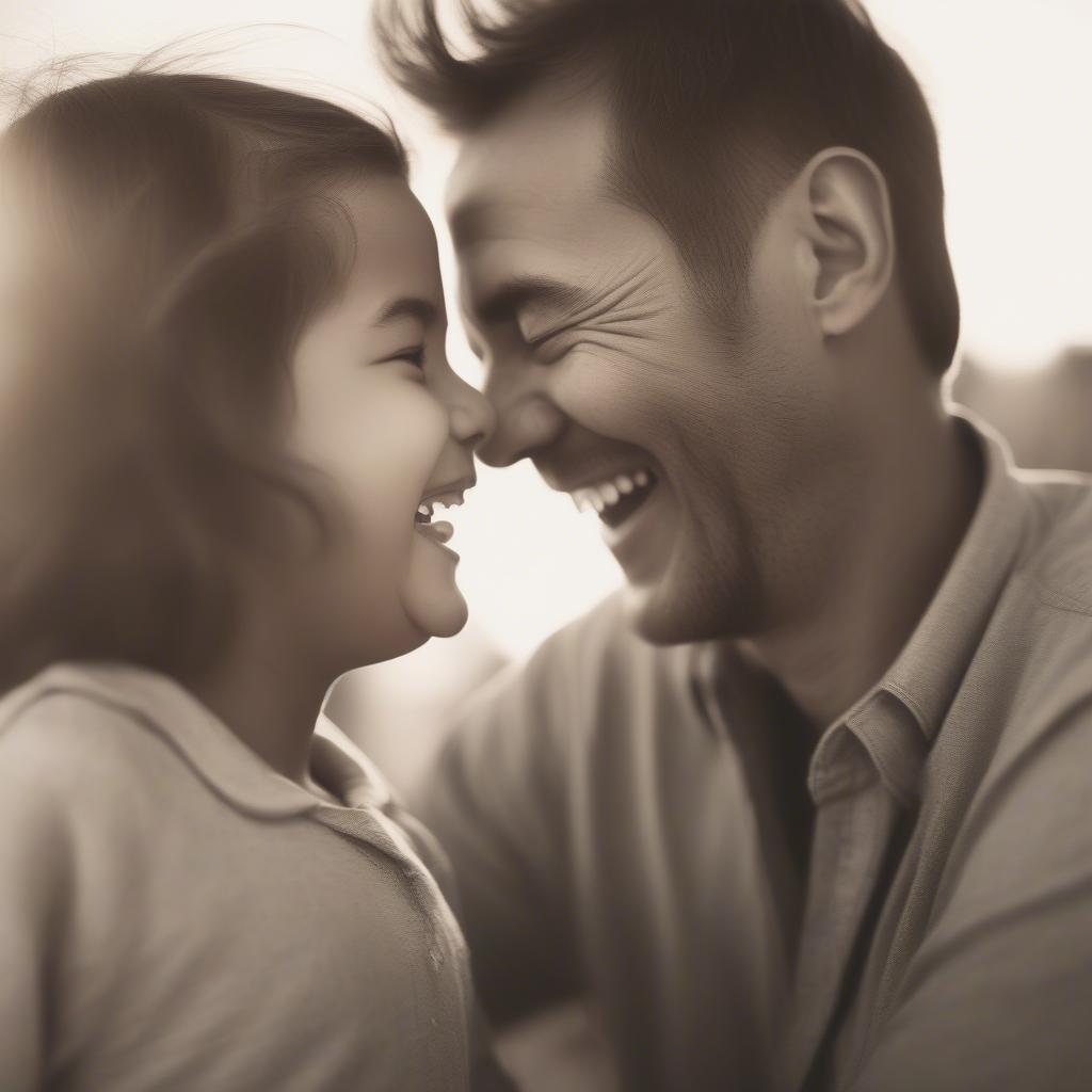 A father and daughter share a laugh, highlighting the joy and happiness in their relationship.