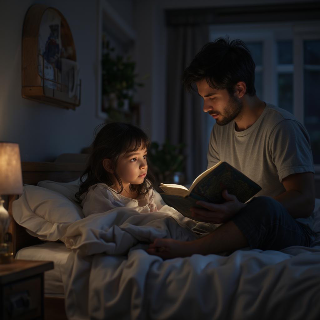 A father reading a book to his young daughter, tucked in bed.