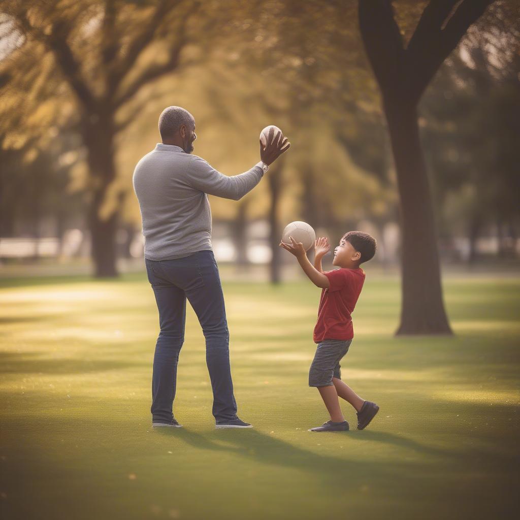 A father and son playing football