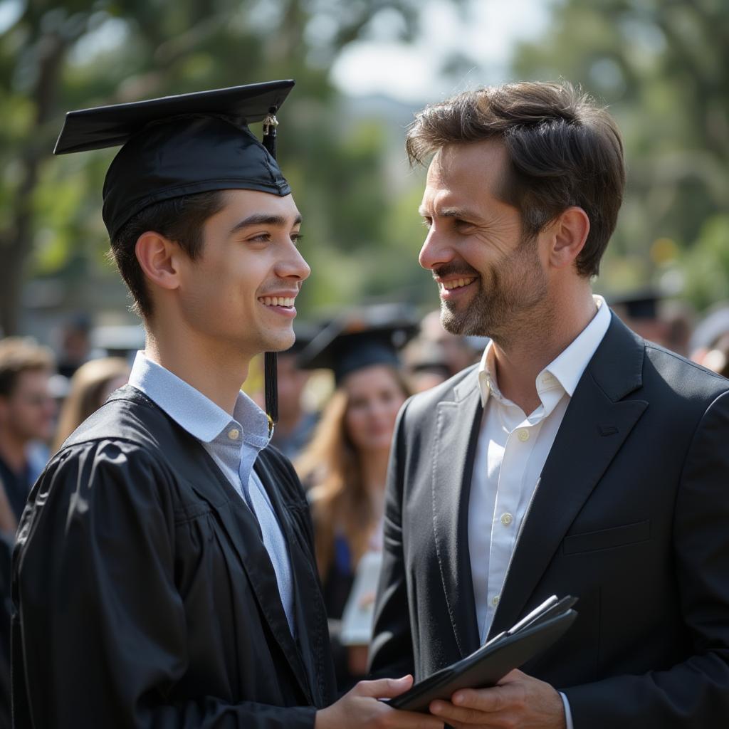 A father proudly watches his son graduate, signifying achievement and a bright future.