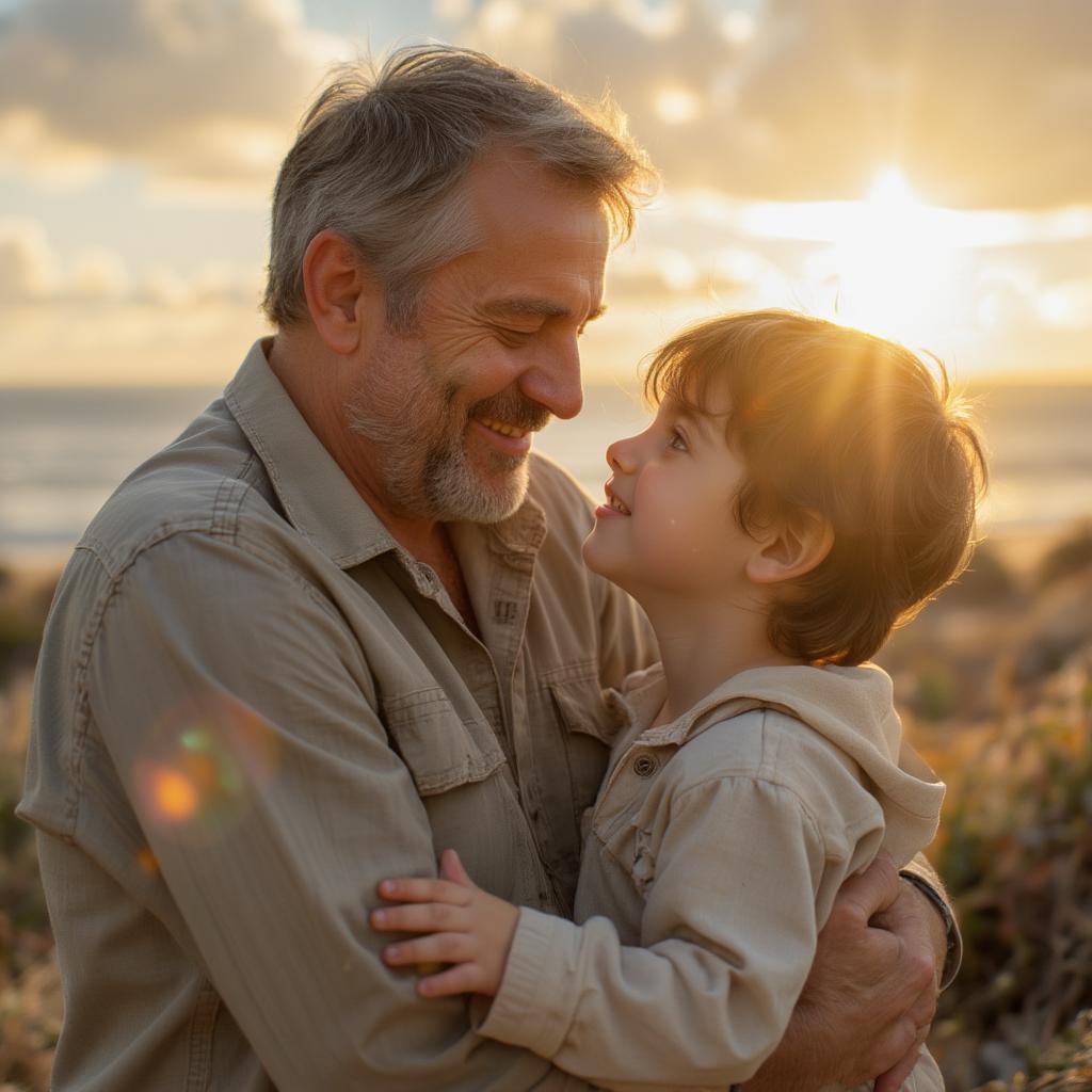 A father and son embrace on a sunny beach, symbolizing their strong bond.