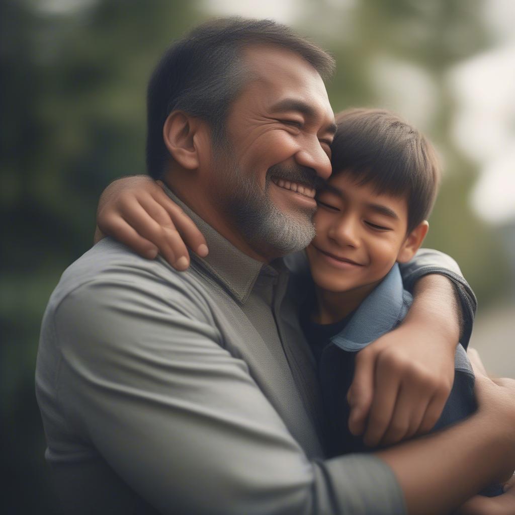 A father and son embrace warmly on a special occasion, radiating love and connection.