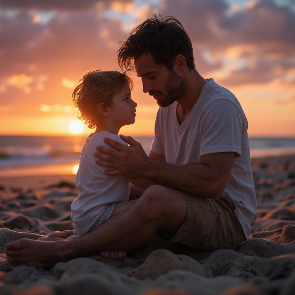 A father and son hugging on a beach at sunset, expressing their deep bond and love.