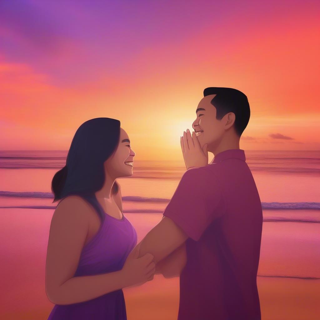 A happy Filipino couple embracing while exchanging Tagalog love quotes, with a backdrop of a beautiful Philippine sunset.