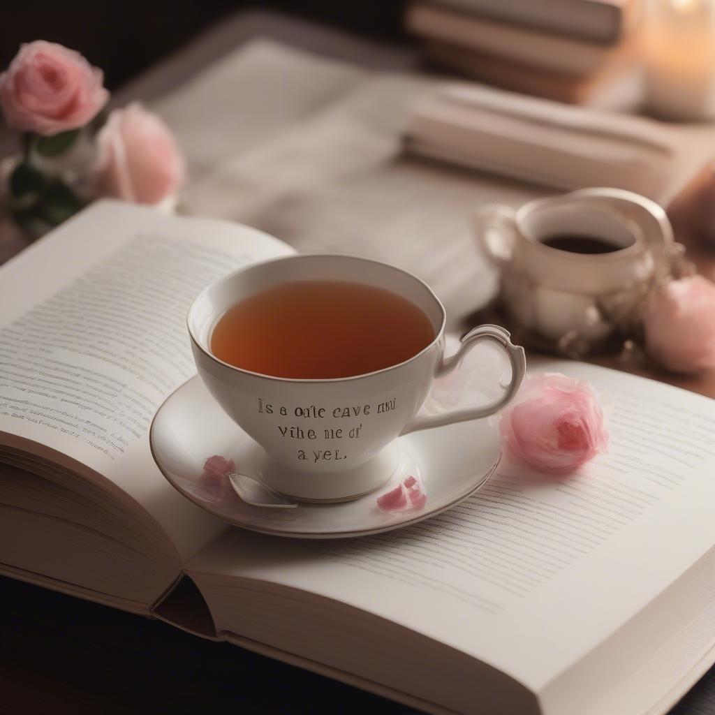 Open book with highlighted love quote and a cup of tea beside it.