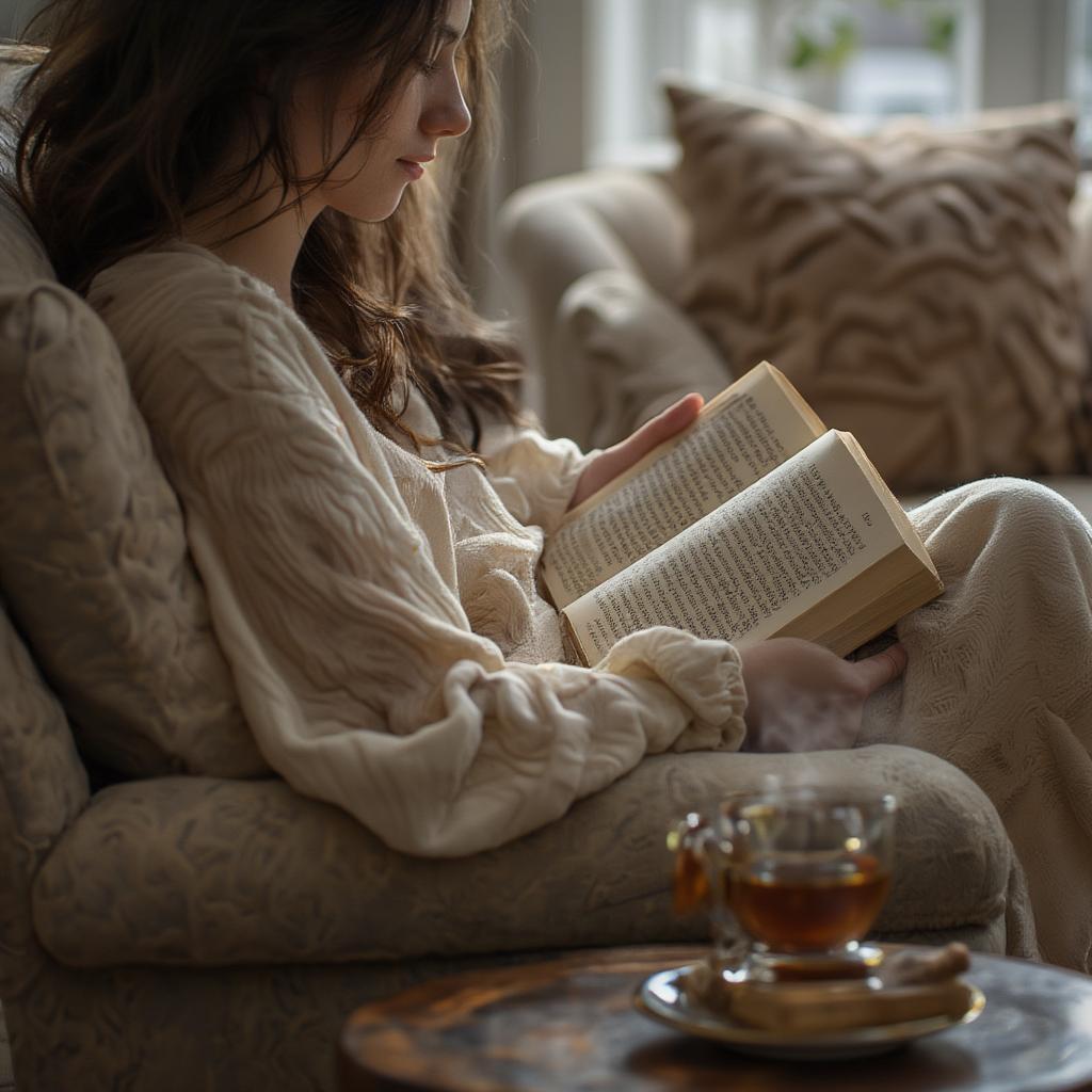 A person reading a book with a warm cup of tea, symbolizing finding comfort and inspiration in quotes.