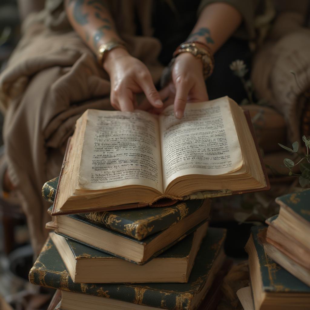 A person sitting in a cozy armchair, surrounded by stacks of classic books, searching for the perfect love quote.