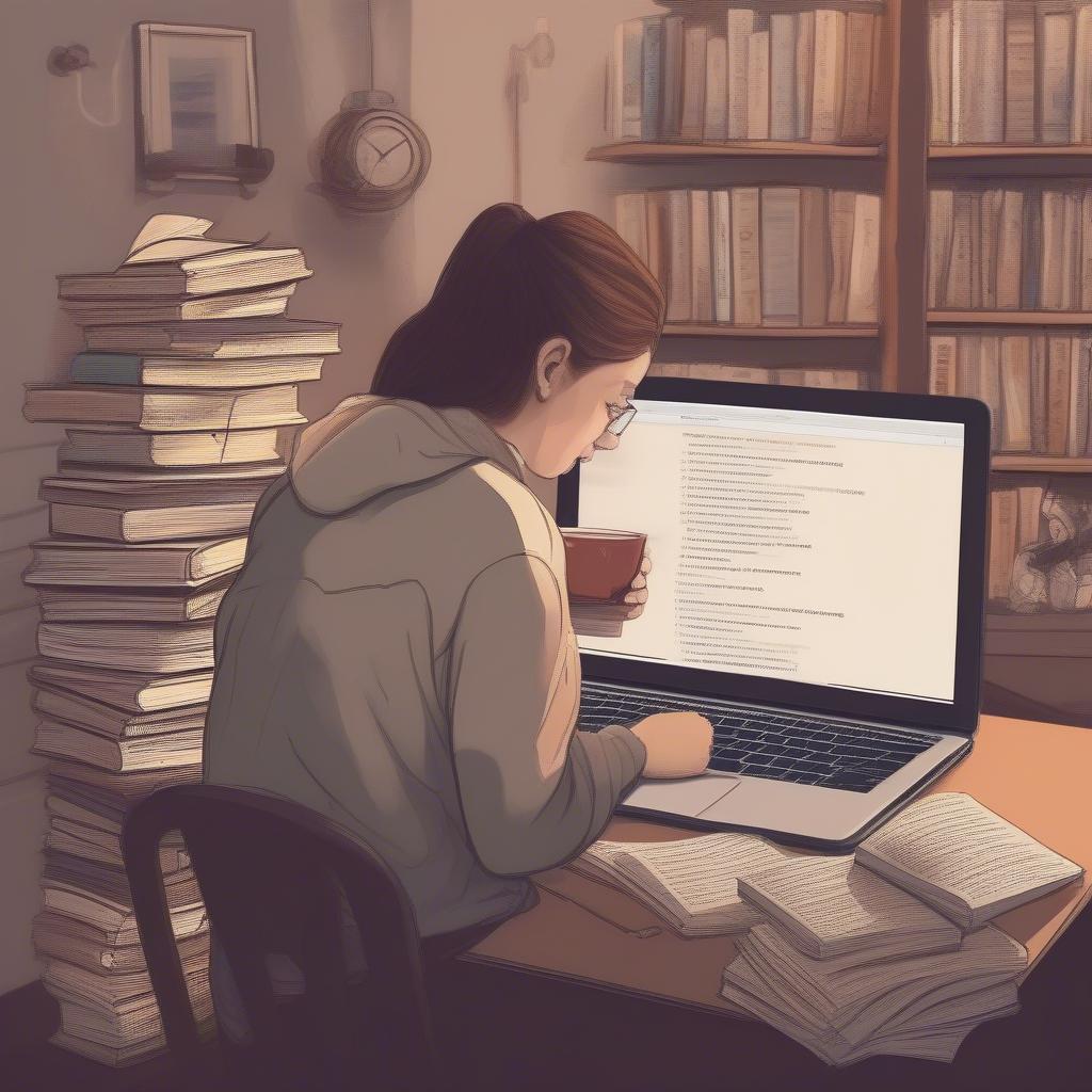 A person searching for love quotes on a laptop, surrounded by books and a warm cup of tea.