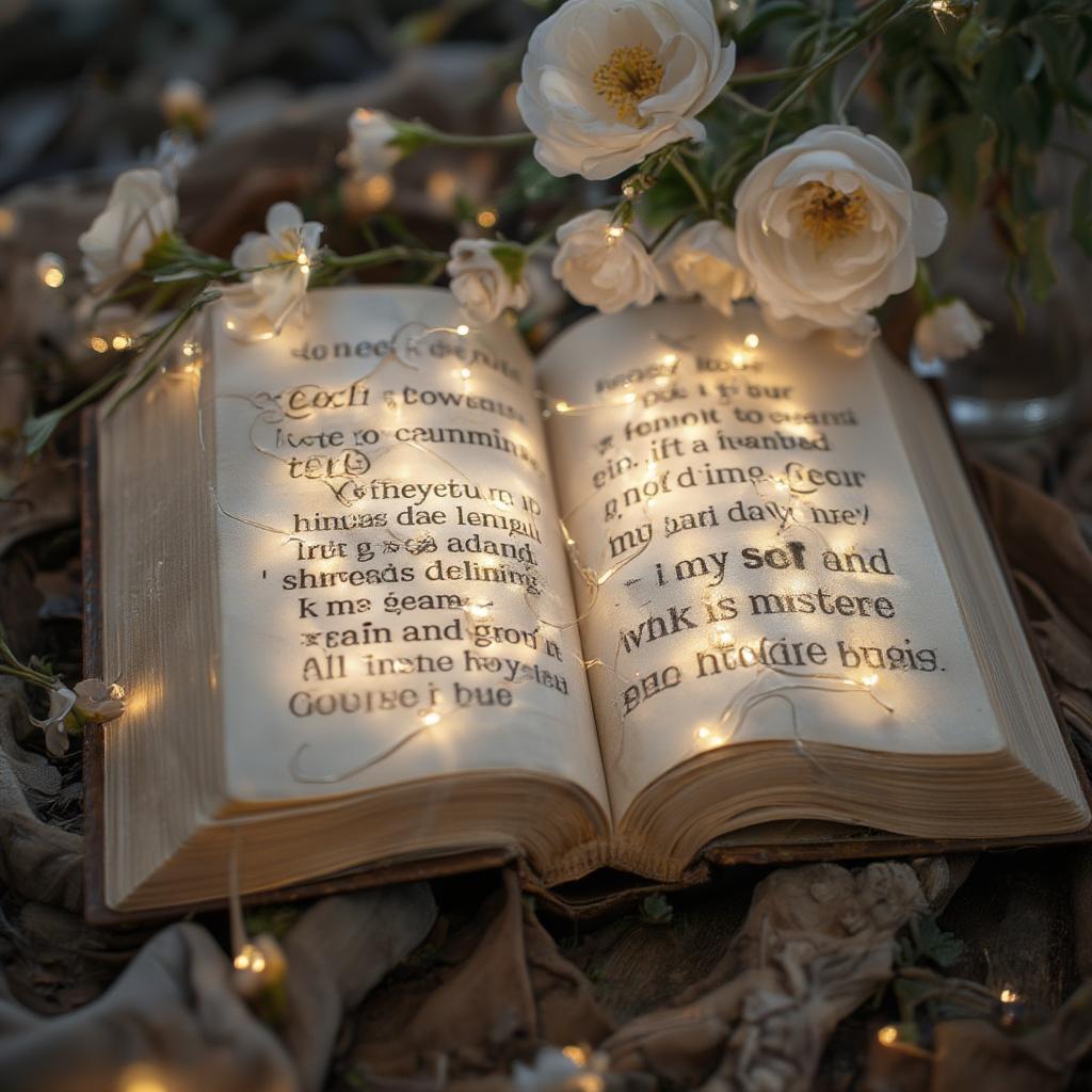 Open book with highlighted love quotes, soft lighting, and flowers in the background.