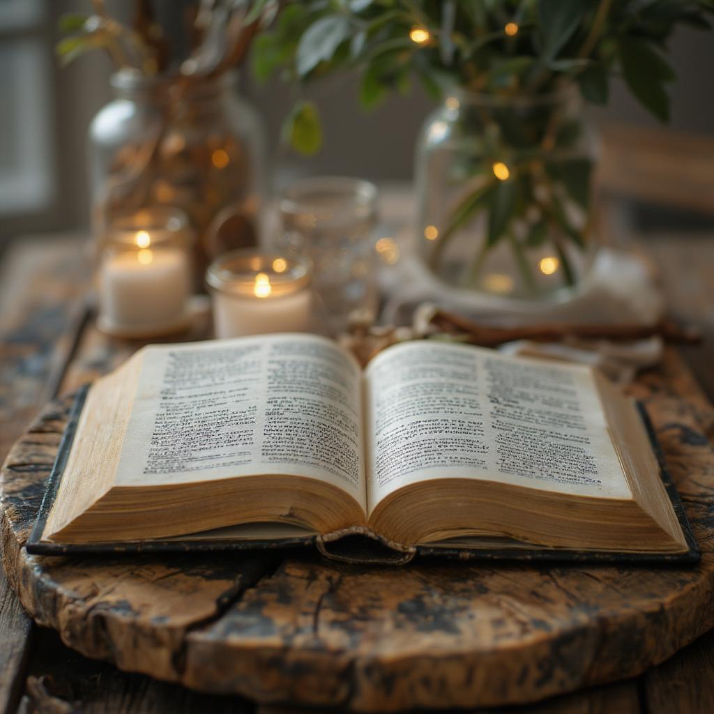 An open book resting on a wooden table, bathed in soft sunlight, with a highlighted passage featuring a famous quote about love and life.