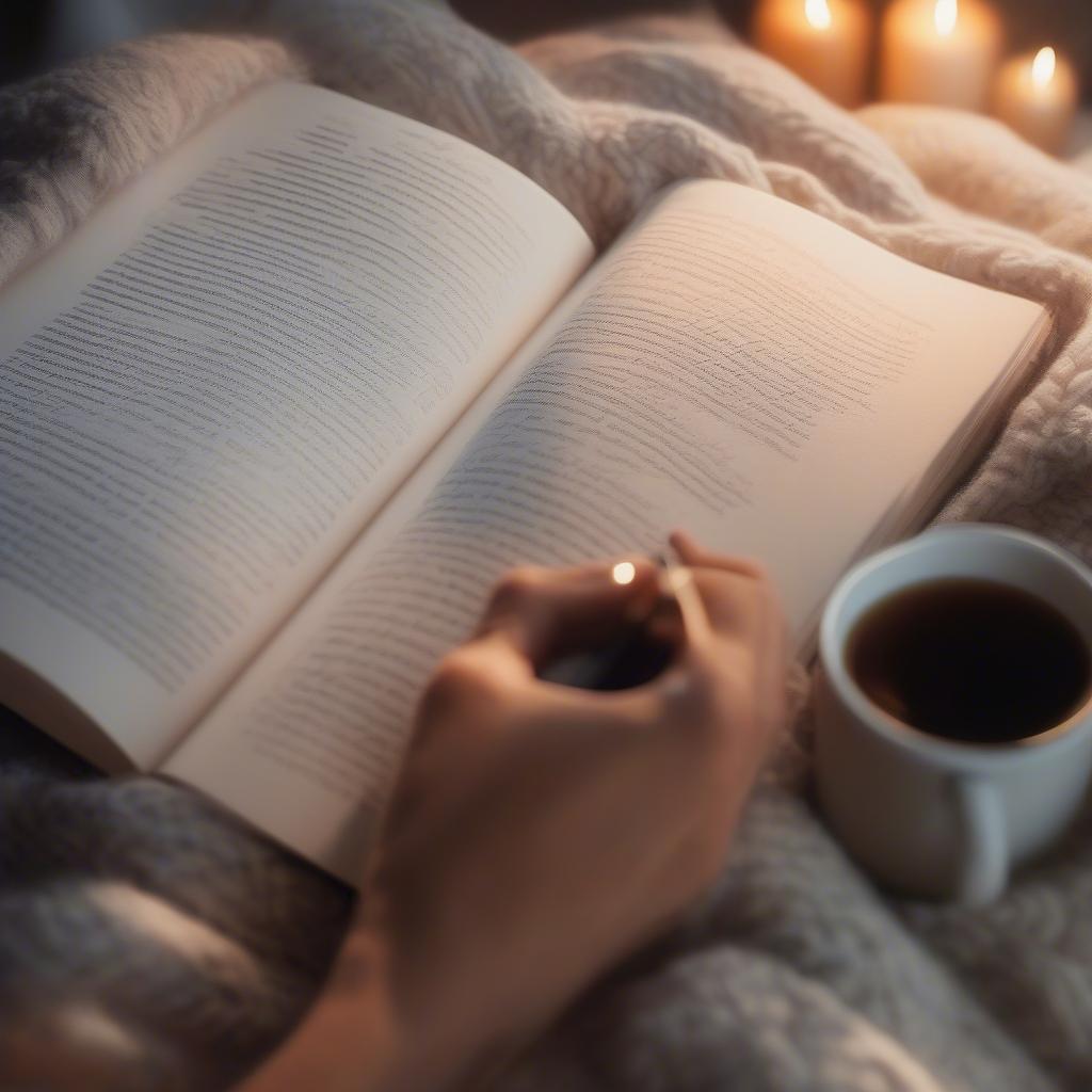 A person reading a book of quotes, highlighting passages with a pen, surrounded by soft lighting and comforting items.